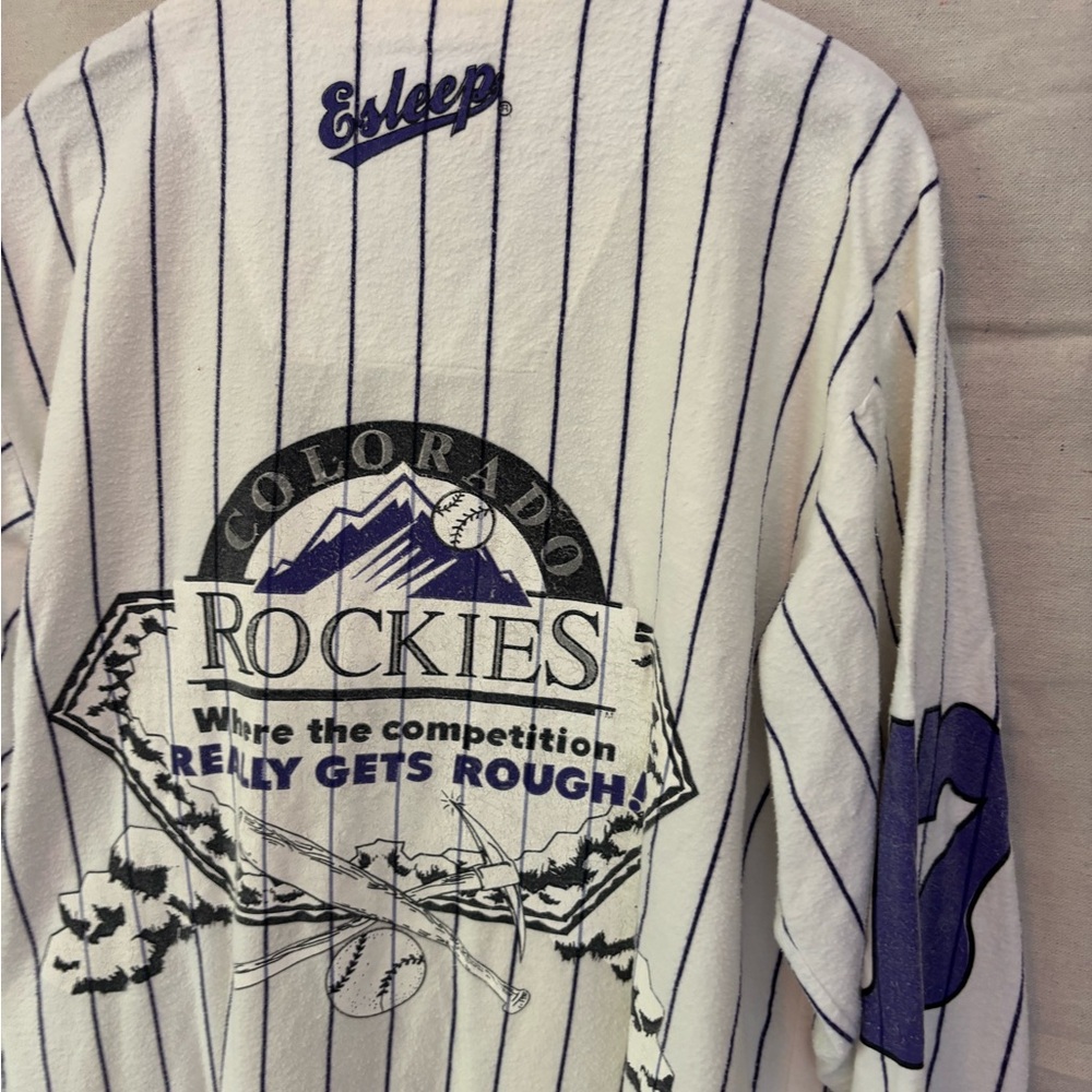 Vintage 90s White Purple Pin Stripe Colorado Rockies Flannel Pajamas ESleep XL - Picture 12 of 12